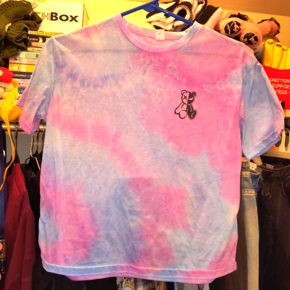 Shein Pink And Blue Tie-Dye Kids Tee With Bear